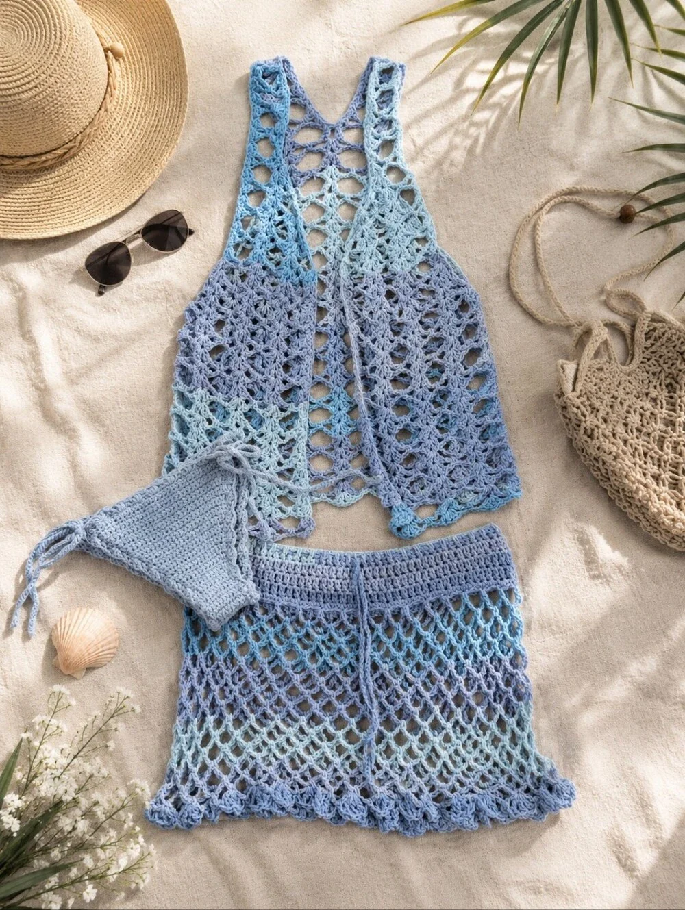 Handmade Boho Festival Crochet Blue Ombré 3-piece Swim Cover Up Set S-M - Picture 1 of 8